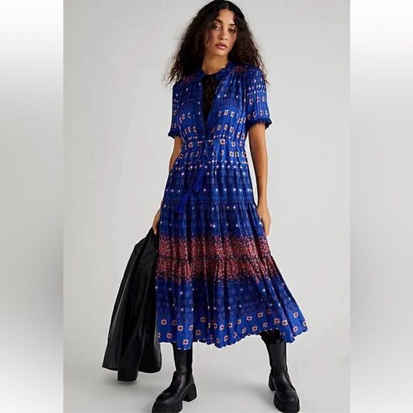 Free People Rare Feelings Maxi Dress By - Capri Blue Combo Size XS - Picture 2 of 6